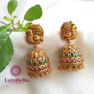 Ruby Jhumka Drop Earrings-Gold Plated with Natural Diamond Stone Classic Ethnic Style for Wedding Party & Engagement Gifts - Product Image 2