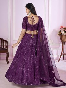 Lehenga Choli con Lentejuelas Moradas Bordadas, Dupatta de Georgette, Cintura Natural, Secado Rápido, Traje Tradicional para Bodas y Fiestas para Mujer - Product Image 2