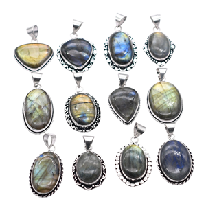 Colliers pendentifs ovales en labradorite naturelle, plaqué argent 925, serti clos, bijoux vintage chrétiens unisexes, 100 à 1000 pièces - Product Image 5