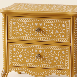 Handcrafted Bone Inlay <b>Yellow</b> Nightstand 2 Drawer Floral Handmade <b>Bedside</b> Cabinet Luxury Unique <b>bedside</b> <b>Table</b> - Product Image 5