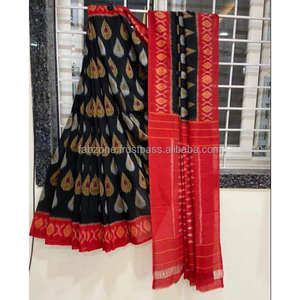 Lino Impresión digital Saree Amarillo y Rojo Ropa de fiesta - Product Image 3