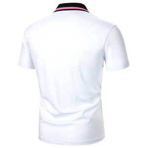 Polo pour homme à blocs de couleur, manches courtes, tricoté, style décontracté, rayures rose, noir et blanc - Product Image 2