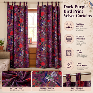 Rideaux en velours à imprimé oiseaux violet foncé |   Rideaux de fenêtre en velours de coton imprimés à l'écran |   Panneaux floraux de luxe pour la décoration de chambre à coucher - Product Image 5
