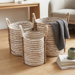 Natural Banana Bark Recycled <b>Plastic</b> Eco-Friendly Modern Storage <b>Basket</b> Set with Handles Tall Pot Planter Room Decor - Product Image 6