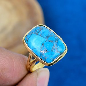Handmade Blue Copper <b>Turquoise</b> Cushion Gemstone <b>Ring</b> 18k Gold Micron Over 925 Sterling Silver <b>Ring</b> - Product Image 1