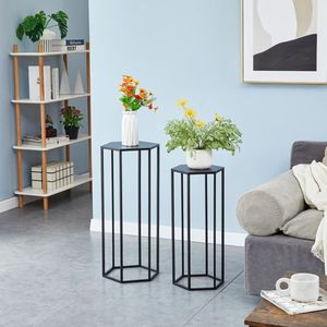 Set di 3 Portafiori in Metallo da Interno, Altezza 35,43 Pollici, Fioriera Angolare Nera, Tavolino Esagonale Impilabile, Espositore Regolabile in Altezza - Product Image 4