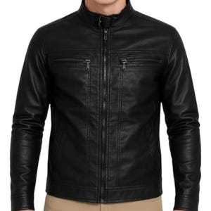 <b>Men's</b> PU Leather Casual Eco-friendly <b>Turtleneck</b> Zipper Closure Windproof Slim Fit Winter Solid Color Regular Sleeve Motorcycle - Product Image 2