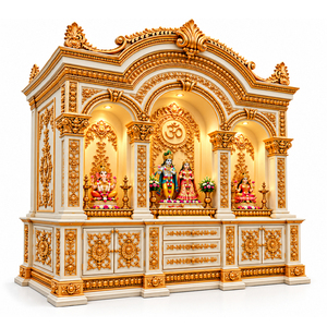 Ornate White & Gold Hand-Carved Wood <b>Pooja</b> <b>Mandir</b> for Home Royal Arch Design White & Gold Wooden Prayer Temple Home USA - Product Image 1