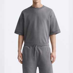 Conjunto de Camisa Casual de Verano para Hombre, Color Gris Sólido, Transpirable, de Algodón Tejido, Manga Corta, Pantalones Cortos con Cintura Ajustable con Cordón - Product Image 3
