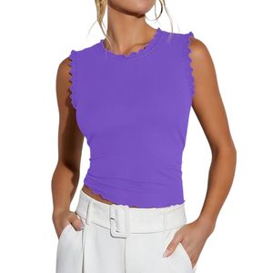 Women's Purple Knitted Tank <b>Top</b> Crew Neck Ruffle Trim Casual Short Sleeveless <b>Top</b> - Product Image 1