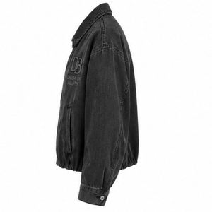 Custom Washed Solid Black Denim Hooded Jacket with Logo Embroidery Personalized Unisex <b>Zip</b> <b>up</b> Oversized Streetwear Bomber Jacket - Product Image 3