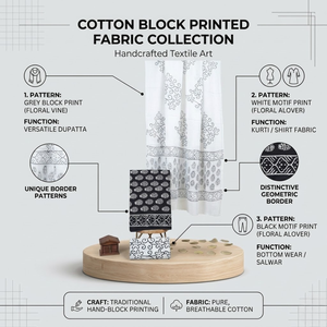 Traje Indio de Algodón con Estampado Floral Blanco y Negro para Mujer |   Salwar Kameez Punjabi de Alta Calidad con Estampado a Mano |   Conjunto de Ropa Casual Étnica - Product Image 6