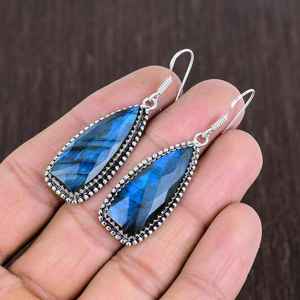 Boucles d'oreilles pendantes en labradorite bleue, plaqué argent 925, style bohème, bijoux en pierres précieuses faits à la main, cadeau - Product Image 5