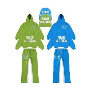 New Arrival Premium Quality Streetwear Screen Printed Cotton Flare Tracksuits Heavyweight Open Hem Flare Sweatpants <b>Hoodie</b> Set - Product Image 2