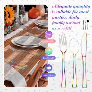 Ensemble de couverts jetables pour fête en plastique arc-en-ciel sans BPA, PP/PS, écologiques, recyclables, biodégradables, fourchettes, couteaux, cuillères robustes - Product Image 6