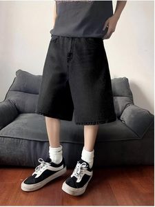 Shorts en jean délavé foncé taille haute pour homme, coupe droite, décontractés, en coton, pour l'été, avec poches - Product Image 5