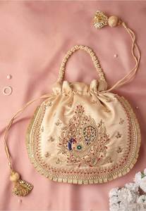 BRIDAL EMBROIDERED BEADED DRAWSTRING Potli Bag Evening Party Handbag Bridal <b>Wedding</b> Purse Jewelry Cosmetics Packaging - Product Image 4