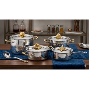 Luxury Hand Hammered Stainless Steel Casseroles <b>Set</b> With Gold Accents Round Ruffoni Cookware For Gas And Induction Stoves - Product Image 1