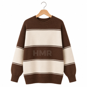 HMR Sisterhood Sorority Acrylic Brown Cream Striped Knitted Sweater Crew Neck Long Sleeve Casual Top Winter Wear - Product Image 5