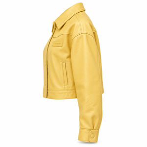 Yellow Genuine Leather Jacket Womens <b>Button</b> Front Turn Collar Drop Shoulder Welt Pocket Cropped <b>Coat</b> Custom Service Supply - Product Image 4