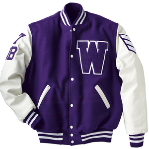 Purple and Gold Varsity <b>Jacket</b> with Leather Sleeves Full Length Button Up Collar Regular Fit Autumn Wear - Product Image 3