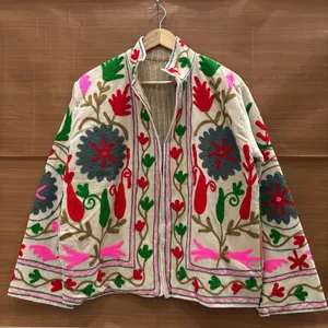 Elegant Ivory <b>Velvet</b> Floral Embroidered Suzani <b>Jacket</b> Full Sleeve Stand Collar Handmade Bohemian Winter Outerwear - Product Image 1