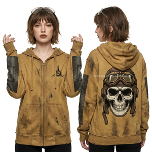 Customized Full Zip Front Hooded <b>Jacket</b> Women Mustard Yellow Mud Wash Distressed <b>Pilot</b> Goggles Skeleton Embroidery Manufacturer - Product Image 1