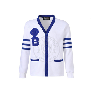 Suéter de Hombre para Universidad, Estilo Cardigan, con Letras Griegas Phi Beta Bordadas en Chenilla Blanca y Azul, 100% Algodón, Tejido de Felpa - Product Image 1