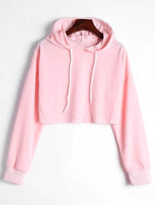 <b>Pink</b> Cropped <b>Hoodie</b> <b>Women</b> Long Sleeve Casual Sweatshirt Hooded Solid Color Knitted Breathable Autumn Wear - Product Image 1
