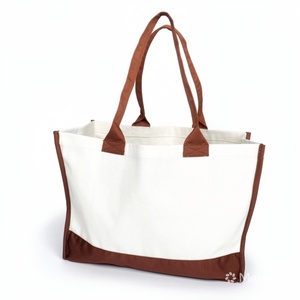 Large Canvas Tote Bag Cream With Brown Handles Shoulder Length Daily Shopping Bag - Product Image 2