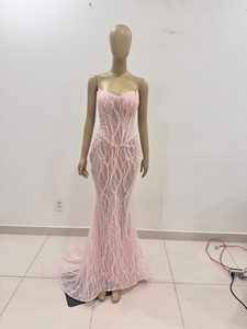 Robe de mariée rose clair longue jusqu'au sol, col en V, manches longues, dos lacé, perles de cristal, silhouette sirène-trompette, grande taille - Product Image 3