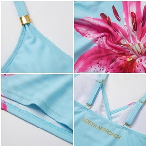 Ensemble tankini 2 pièces à imprimé floral pour femme, haut dos croisé avec short à cordon de serrage, motif lys bleu rose - Product Image 4