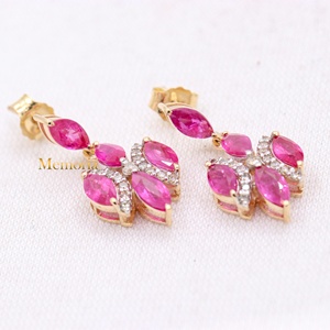 Handmade Women's Geometric Drop <b>Dangle</b> <b>Earrings</b> 14k Solid Yellow Gold Natural Ruby <b>Diamond</b> Gemstone Classic Engagement Wedding - Product Image 3