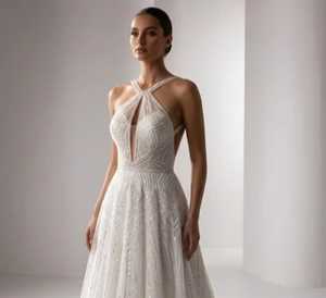 Modern Hand Beaded O-Neck Sleeveless Bridal <b>Dress</b> Crystal Embroidery Draped Satin Skirt Natural Waistline Floor-Length Sweep - Product Image 1