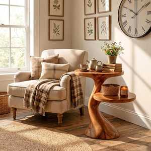 Solid Wood Twisted Pedestal Accent Table Handcrafted Organic Modern Furniture Natural Wooden <b>Stools</b> Ottomans - Product Image 4