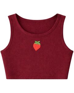 Conjunto de Top Corto Acanalado y Pantalones Cortos con Cordón para Mujer, Color Borgoña con Bordado de Fresa, Atuendo Casual de Dos Piezas Personalizado - Product Image 3