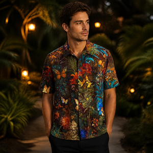 Chemise pour homme anti-rides respirante extensible à imprimé floral 3D, manches courtes, décontractée, boutonnée, style bohème vintage d'été - Product Image 3
