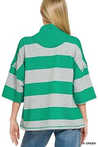 เซ็ตเสื้อครอปซิปครึ่งตัวลายทาง Zenana Frenchterry และกางเกงขาสั้น - Product Image 2