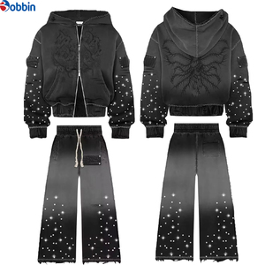 Conjunto de moda: Sudadera con capucha unisex de corte regular con pedrería y pantalones acampanados para hombre, diseño 2 en 1 de tela gruesa y elástica. - Product Image 2