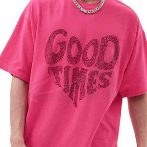 T-shirt rose oversize pour homme, manches courtes, en jersey de coton, col rond, imprimé graphique, motif lettres, style décontracté, logo avant en strass - Product Image 5