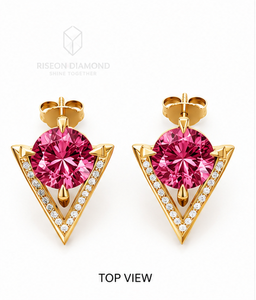 Pendientes geométricos de lujo en oro amarillo de 18 quilates con marco triangular, piedra preciosa rosa de corte redondo y detalles de diamantes en el borde. - Product Image 2