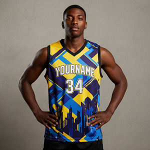 Maillot de basketball personnalisé sublimé pour homme, col en V, sans manches, imprimé géométrique jaune et bleu, respirant, coupe athlétique - Product Image 5