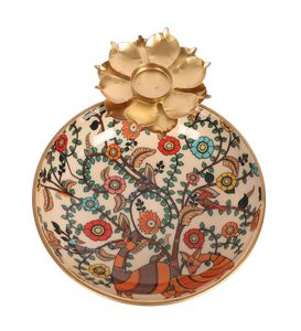 Bol Urli Oriental Premium Meena avec support pour bougie chauffe-plat en forme de lotus |   Centre de table en métal artisanal pour Pooja Diwali à la maison - Product Image 3