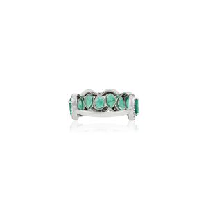 Bague demi-éternité de luxe en or blanc véritable 14 carats, sertie d'émeraudes poire et de diamants taille ronde, motif vague, bijoux fins en gros - Product Image 6