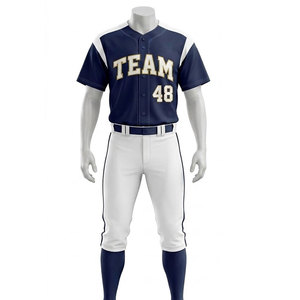 Ensemble uniforme de baseball pour homme, maillot bleu marine avec bordure blanche et pantalon blanc, matière polyester respirante pour adultes - Product Image 1