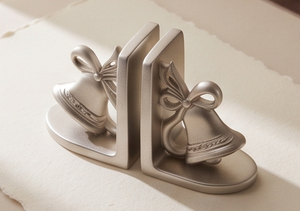 Luxury Silver Finished Cast Aluminum Christmas Bookends Festive Metallic Bell Ribbon <b>Book</b> Ends Holiday Interior Home Decor - Product Image 2