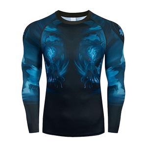 Men's Long Sleeve <b>Compression</b> Rash Guard Black Blue Geometric Print Crew Neck Moisture Wicking Fitted Athletic Top - Product Image 2