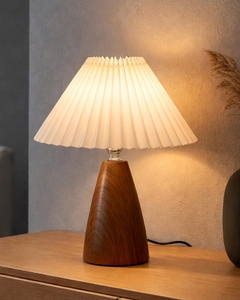 Taper cone wood grain <b>table</b> lamp white pleated shade metal <b>bedside</b> light small space nightstand lamp wholesale OEM ODM - Product Image 6