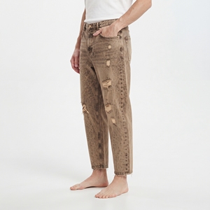 Jean en denim déchiré délavé marron coupe droite taille haute pour garçon, style décontracté, longueur cheville, fermeture boutonnée - Product Image 4