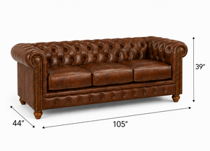 Sofá Chesterfield Tradicional de Cuero Genuino, Tres Plazas, Respaldo Acolchado, Brazos Enrollados, Patas de Madera, Muebles de Sala de Estar, Sofá de Cuero - Product Image 2